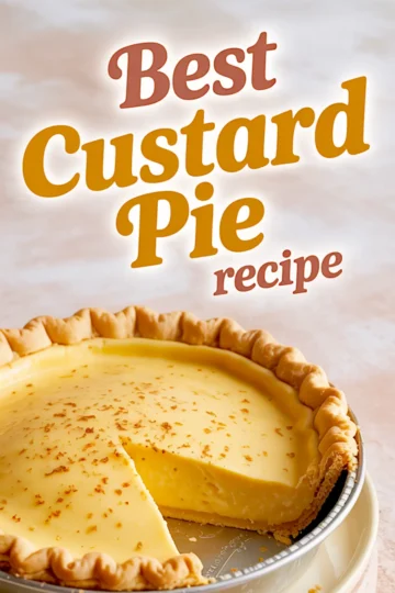 Overhead view of a classic custard pie with a golden crust and sprinkled nutmeg, with one slice removed, paired with “Best Custard Pie Recipe” text.