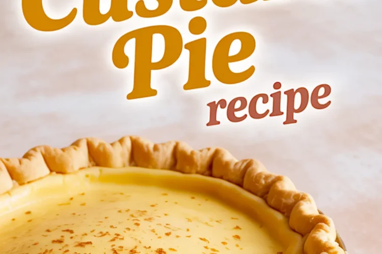 Overhead view of a classic custard pie with a golden crust and sprinkled nutmeg, with one slice removed, paired with “Best Custard Pie Recipe” text.