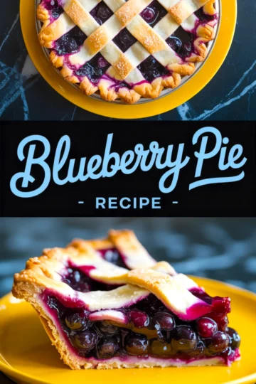Collage image showing a baked blueberry pie with a golden lattice crust and a slice on a yellow plate, with bold text reading “Blueberry Pie Recipe” in the center.