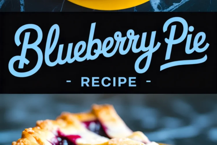 Collage image showing a baked blueberry pie with a golden lattice crust and a slice on a yellow plate, with bold text reading “Blueberry Pie Recipe” in the center.