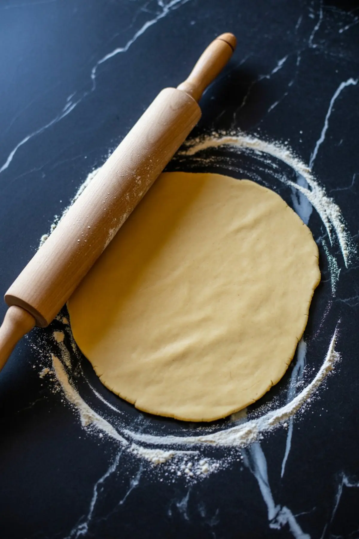 Rolled-out pie dough on a black marble surface with a wooden rolling pin and a ring of flour, showing pie crust preparation.