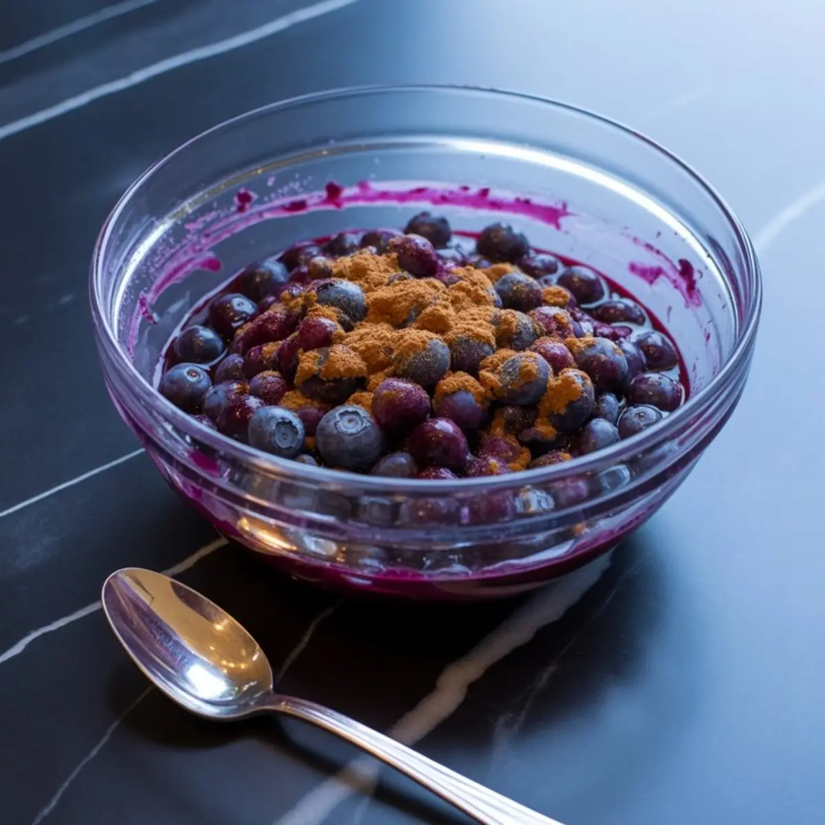 Fresh blueberries mixed with cinnamon in a glass bowl on a dark countertop, with a spoon nearby for blueberry pie filling.