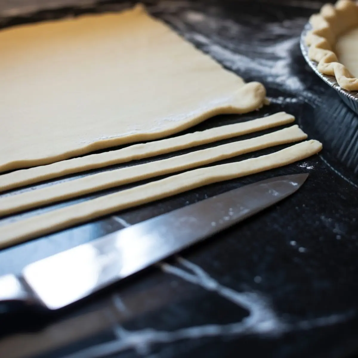 Pie dough cut into strips on a floured surface with a kitchen knife and a crimped pie crust in a tin, for lattice top preparation.