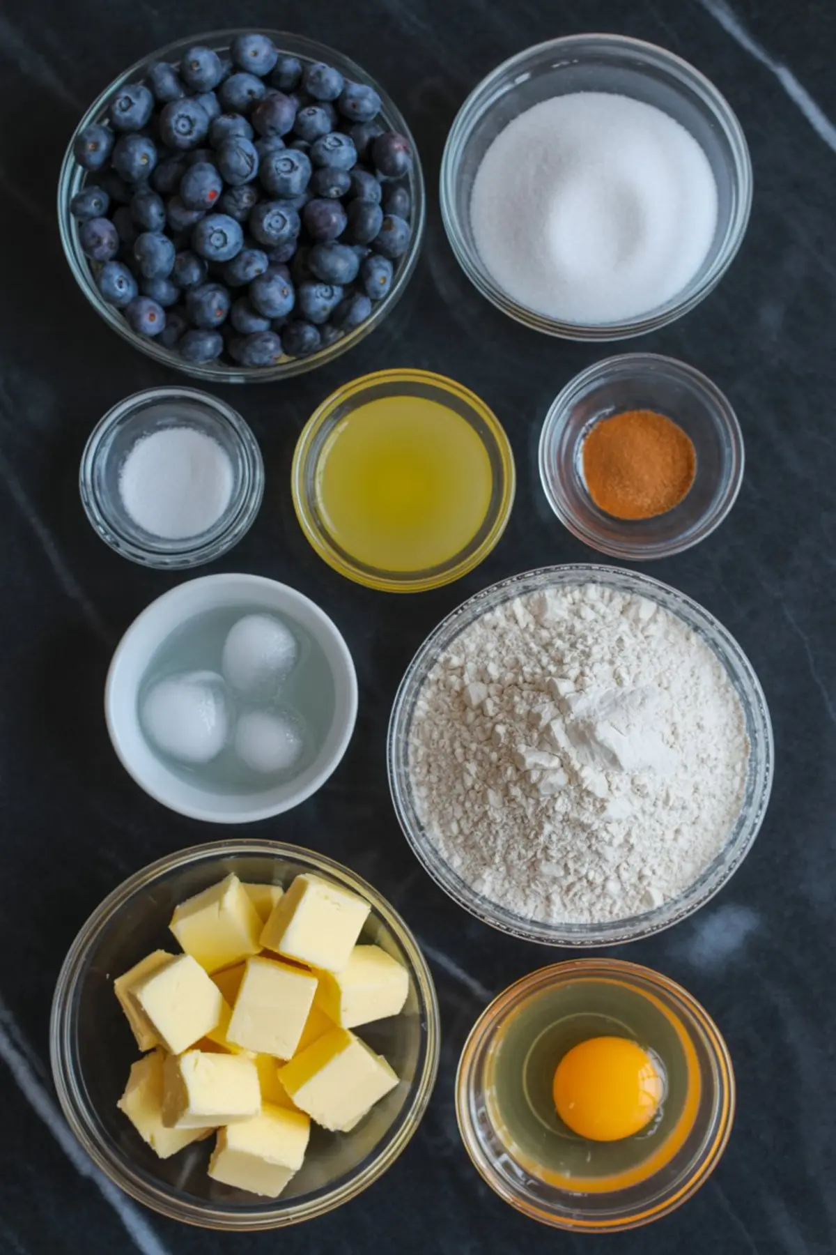 Overhead view of blueberry pie ingredients including fresh blueberries, flour, sugar, butter, egg, lemon juice, cinnamon, salt, and ice water arranged in glass bowls.