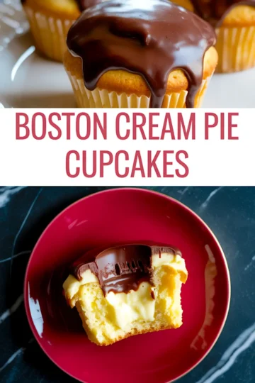 A collage image featuring Boston cream pie cupcakes on top, topped with chocolate ganache, and a bitten cupcake on the bottom, revealing creamy custard filling on a red plate. Bold text reads “Boston Cream Pie Cupcakes.”