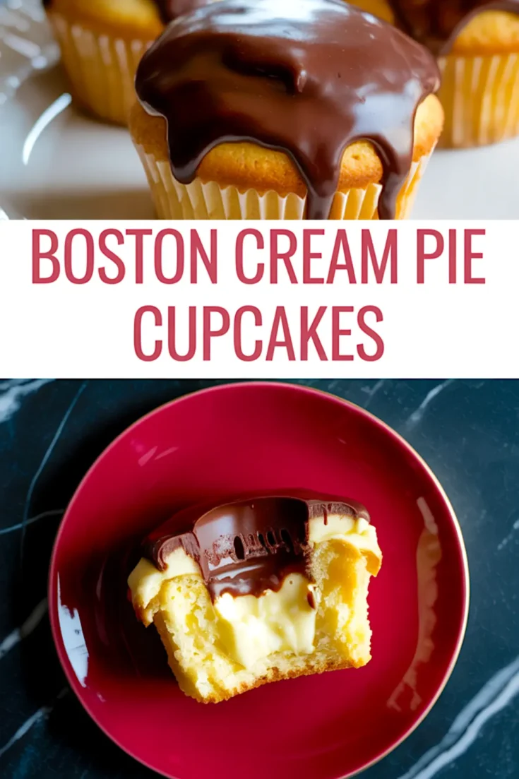 A collage image featuring Boston cream pie cupcakes on top, topped with chocolate ganache, and a bitten cupcake on the bottom, revealing creamy custard filling on a red plate. Bold text reads “Boston Cream Pie Cupcakes.”