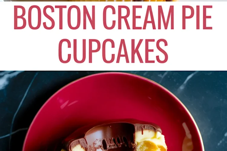 A collage image featuring Boston cream pie cupcakes on top, topped with chocolate ganache, and a bitten cupcake on the bottom, revealing creamy custard filling on a red plate. Bold text reads “Boston Cream Pie Cupcakes.”
