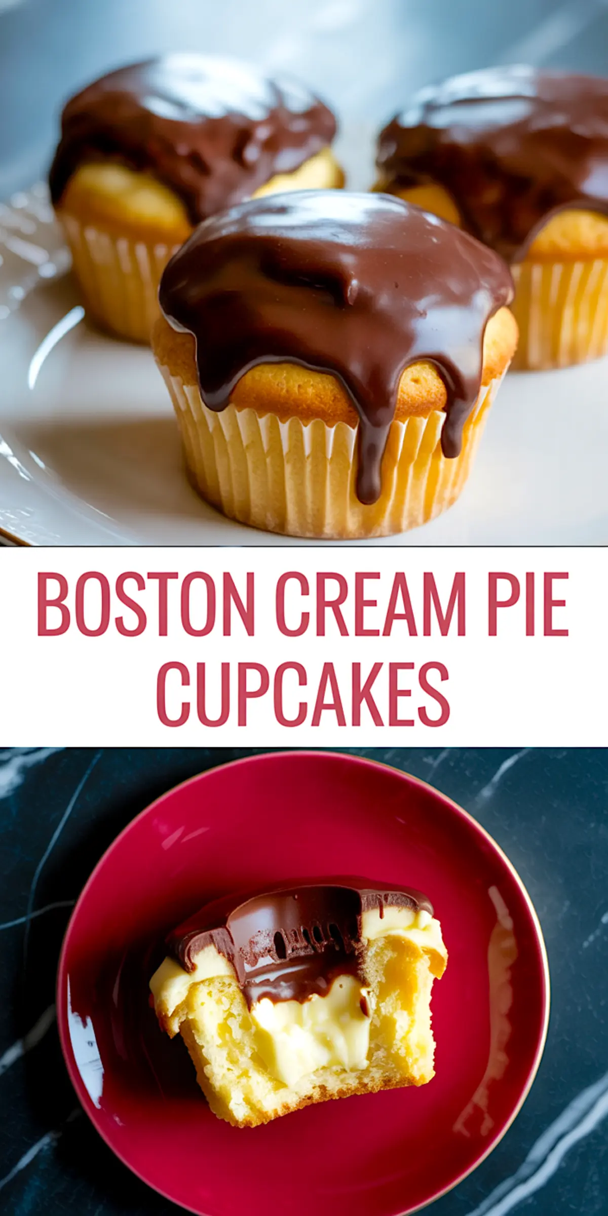 A single Boston cream pie cupcake on a white plate, topped with vanilla custard and thick chocolate ganache dripping over the edge.