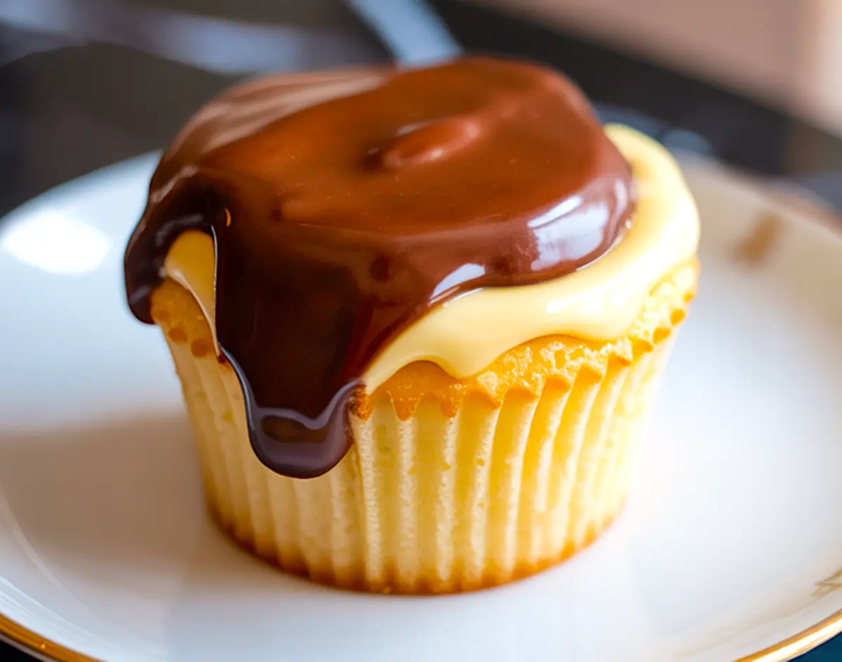 A collage image showing glossy ganache-topped Boston cream pie cupcakes on the top half and a bitten cupcake revealing custard filling on the bottom, with stylized “Boston Cream Pie Cupcakes” text across the center.