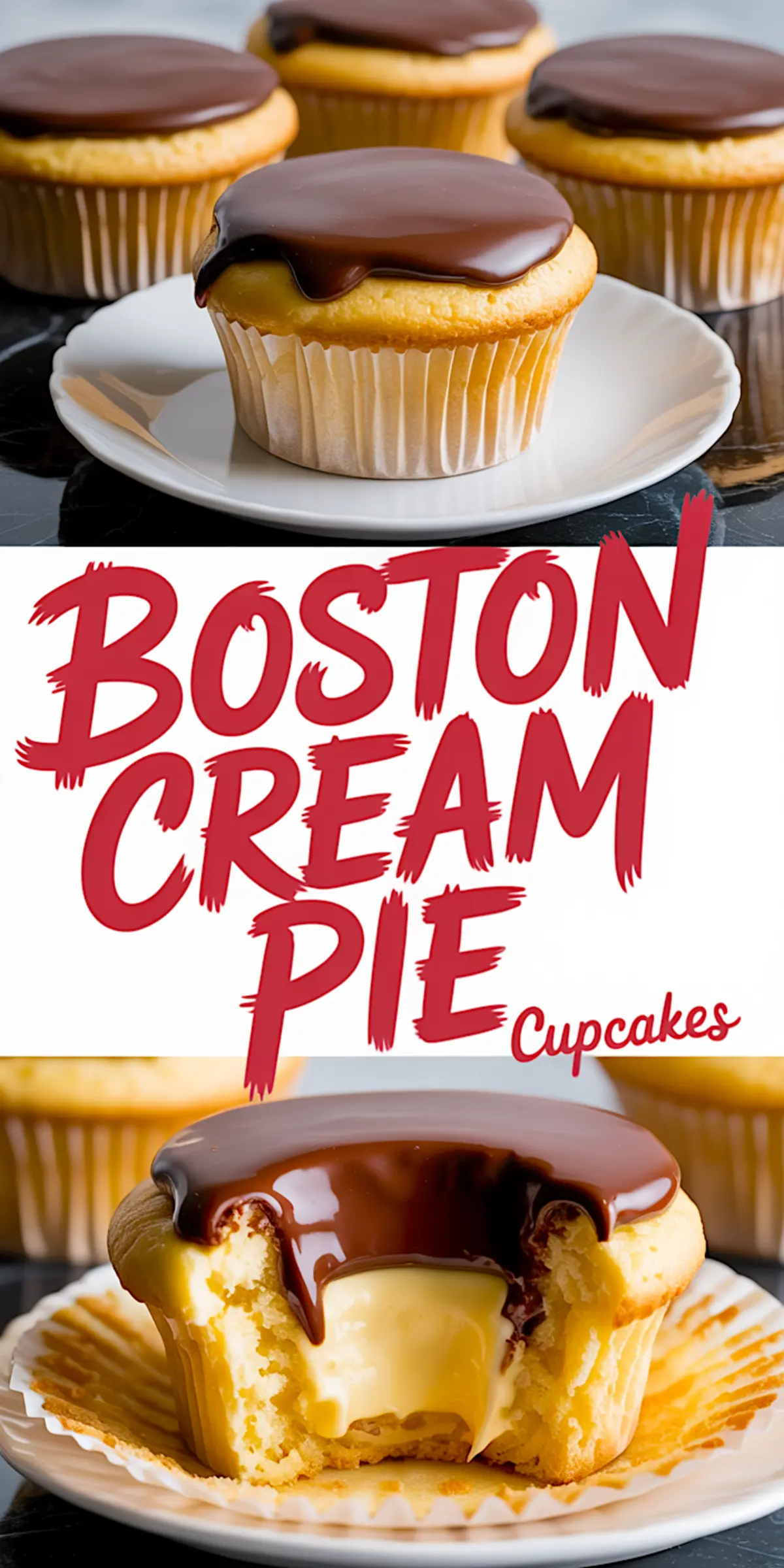 A close-up of a Boston cream pie cupcake on a white plate, with rich vanilla custard in the center and thick chocolate ganache covering the top, slightly melted at the edges.