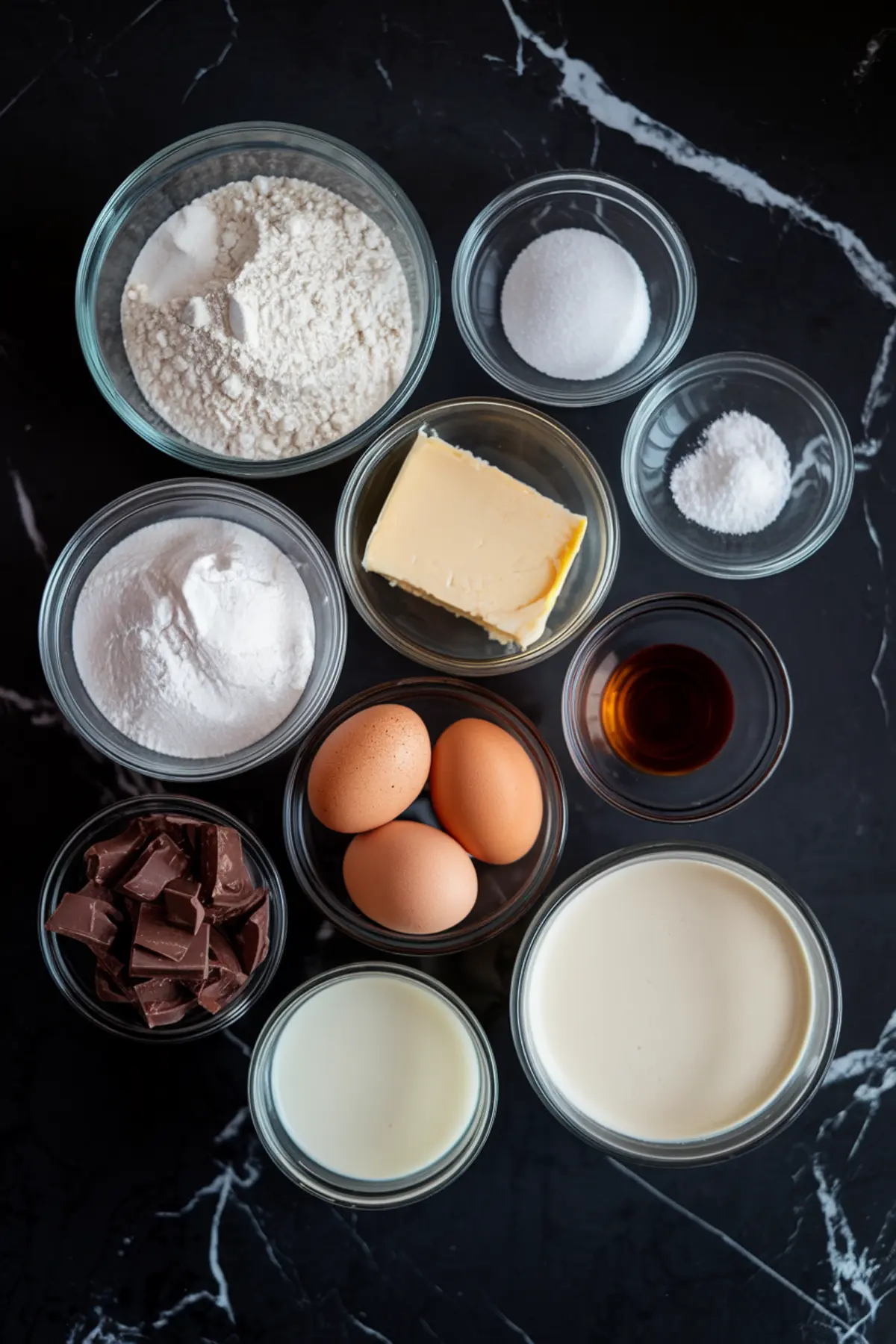 Overhead shot of baking ingredients in glass bowls on a black marble surface, including flour, sugar, eggs, butter, chocolate chunks, vanilla extract, cream, and leavening agents.
