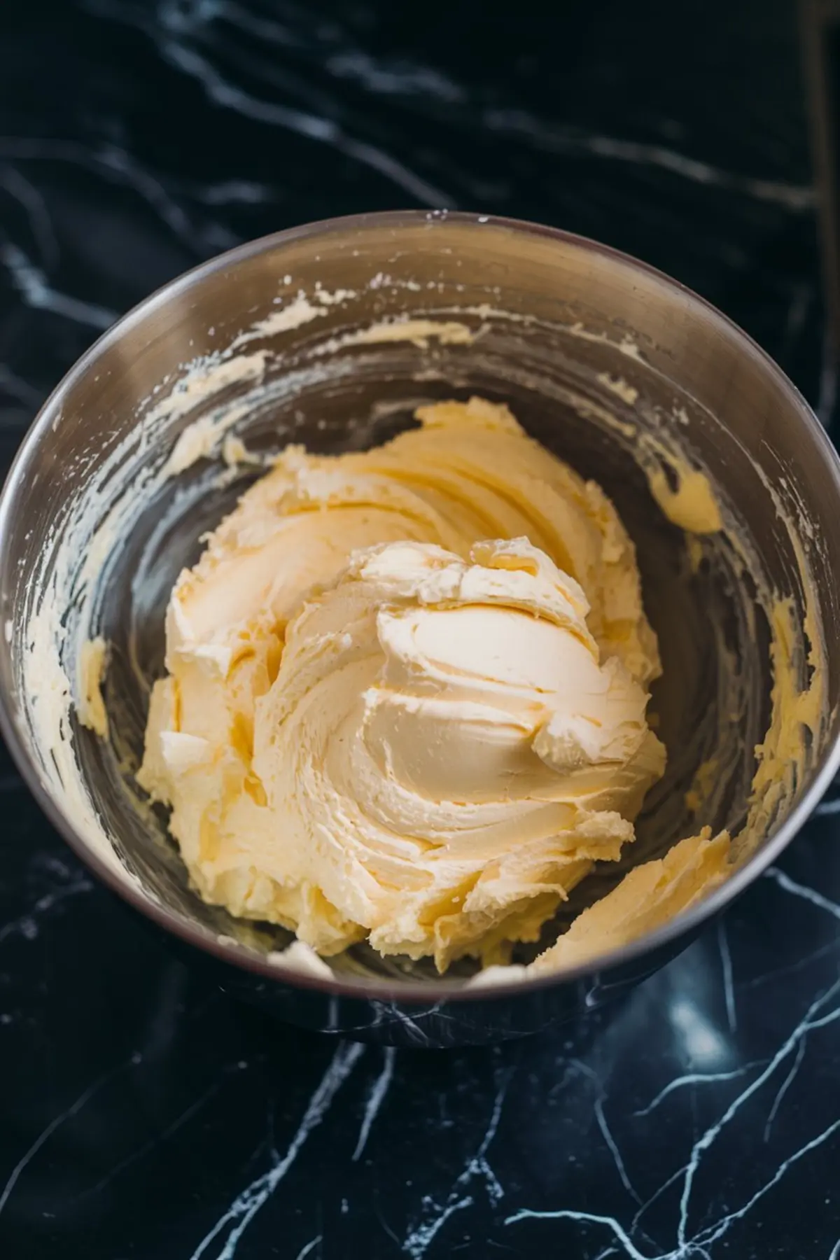 A stainless steel mixing bowl filled with whipped vanilla buttercream frosting, showing a smooth and creamy swirl texture on a dark marble countertop.