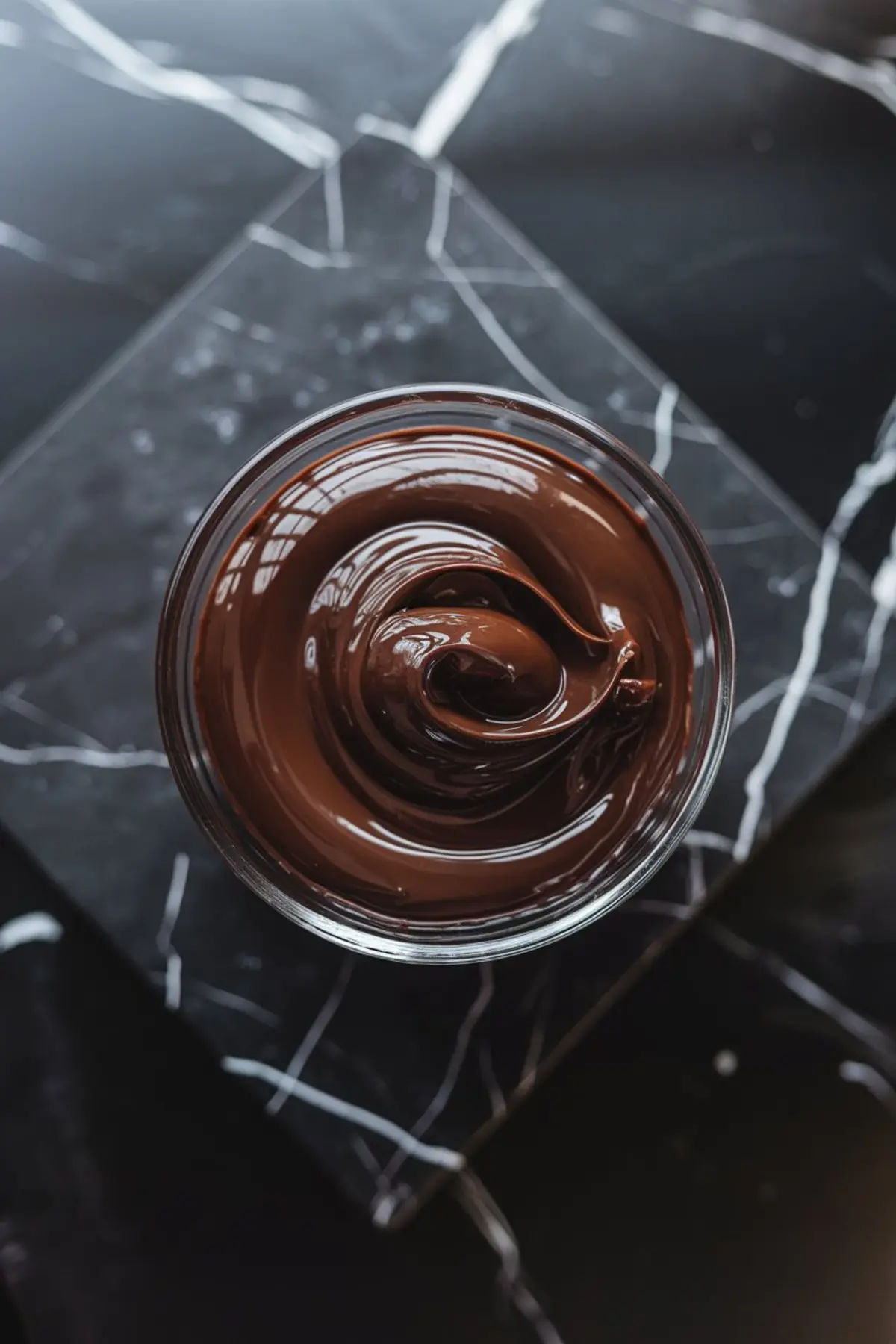 A clear bowl of glossy dark chocolate ganache with a rich, swirled surface, placed on a dark marble background.