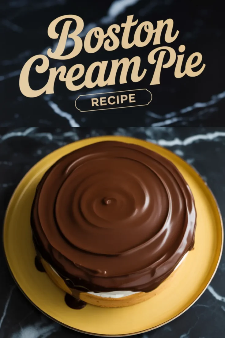 Whole Boston cream pie covered in shiny chocolate ganache, displayed on a yellow plate over a black marble surface. The text “Boston Cream Pie Recipe” appears above the cake.