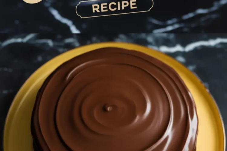Whole Boston cream pie covered in shiny chocolate ganache, displayed on a yellow plate over a black marble surface. The text “Boston Cream Pie Recipe” appears above the cake.
