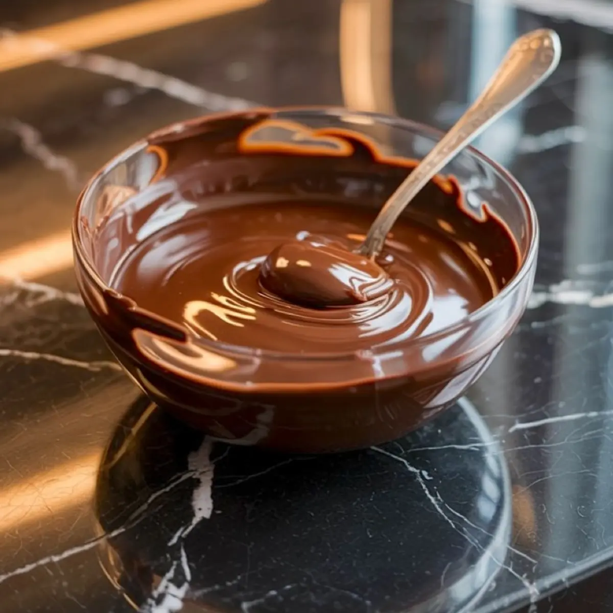 A bowl of glossy melted chocolate with a spoon dipped in, swirling ripples visible across the surface. Reflections glow on the black marble countertop.
