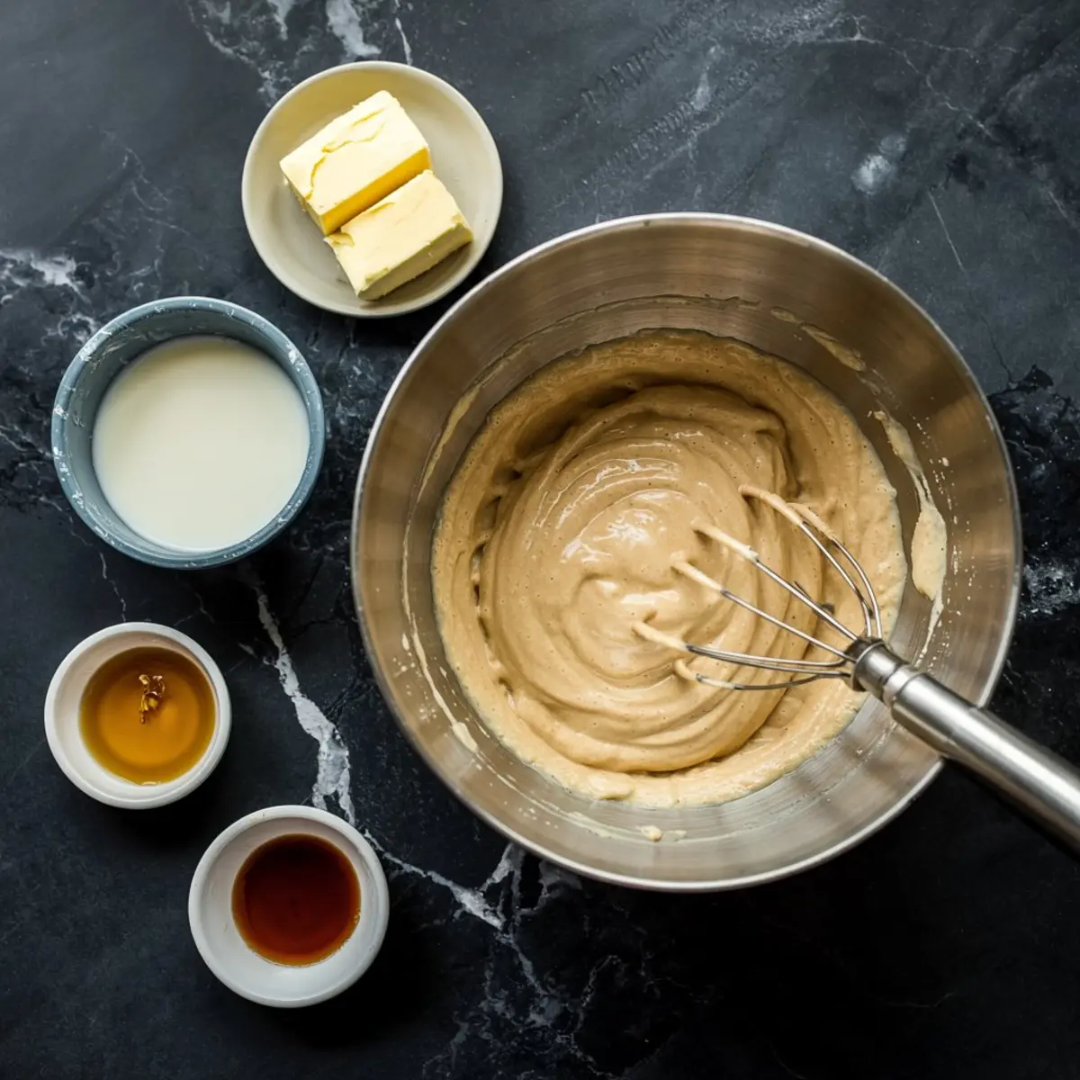 A mixing bowl with butter, milk, vanilla, and other ingredients laid out separately on a white marble surface. The batter inside the bowl is thick and creamy with a whisk resting inside.
