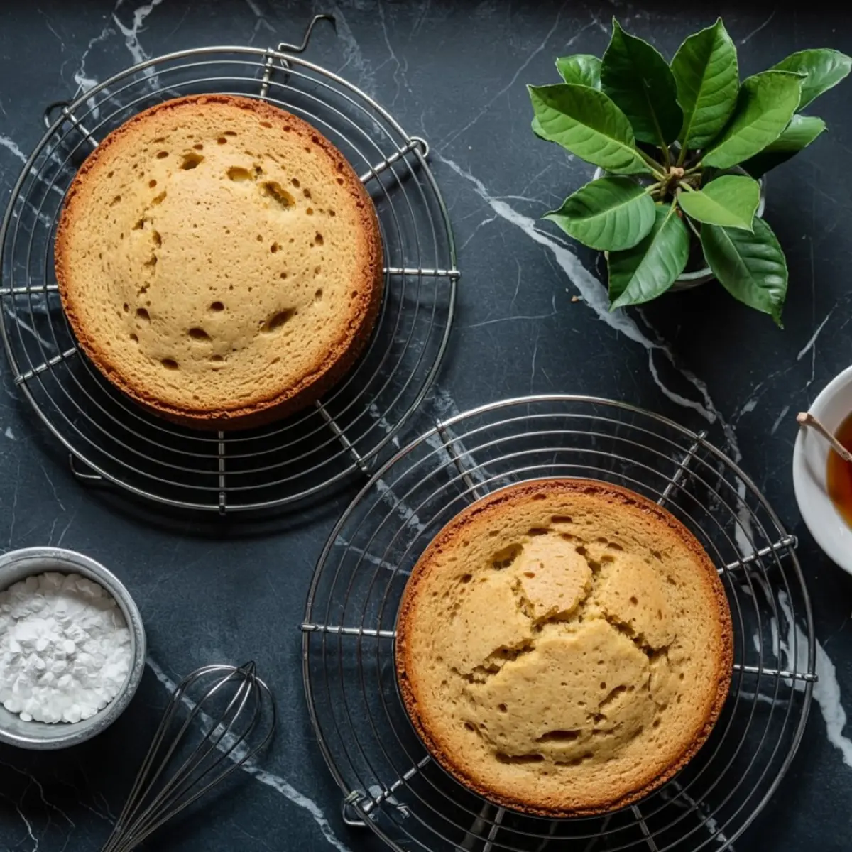 Two golden cake layers cooling on wire racks. One has a cracked top, and a bowl of powdered sugar sits nearby on a black marble counter.
