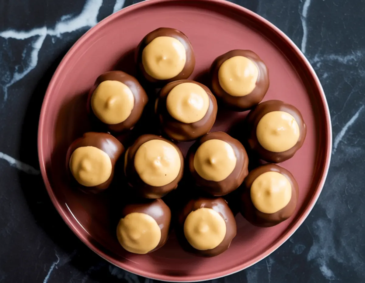 Round pink plate filled with homemade buckeyes candy, featuring peanut butter centers partially dipped in chocolate.