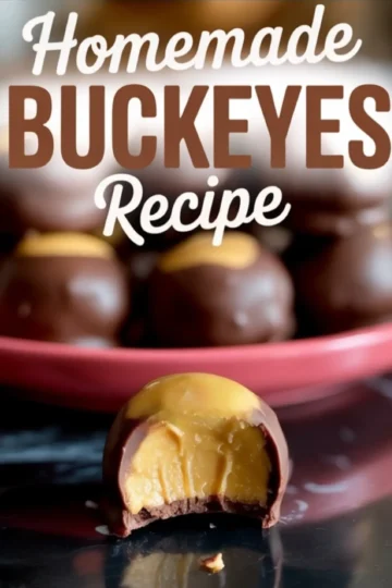 Close-up of homemade buckeyes candy with a bite taken out, showing creamy peanut butter filling inside a chocolate coating, displayed with text “Homemade Buckeyes Recipe.”