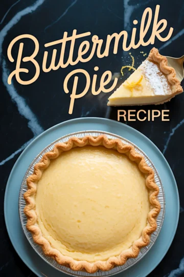 Finished buttermilk pie with golden crust in a foil pie pan on a blue plate, topped with powdered sugar and lemon zest garnish, overlaid with text reading “Buttermilk Pie Recipe.”