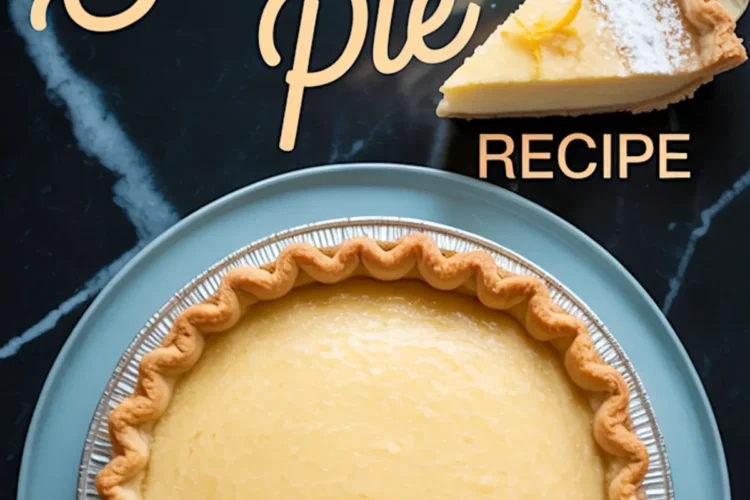 Finished buttermilk pie with golden crust in a foil pie pan on a blue plate, topped with powdered sugar and lemon zest garnish, overlaid with text reading “Buttermilk Pie Recipe.”