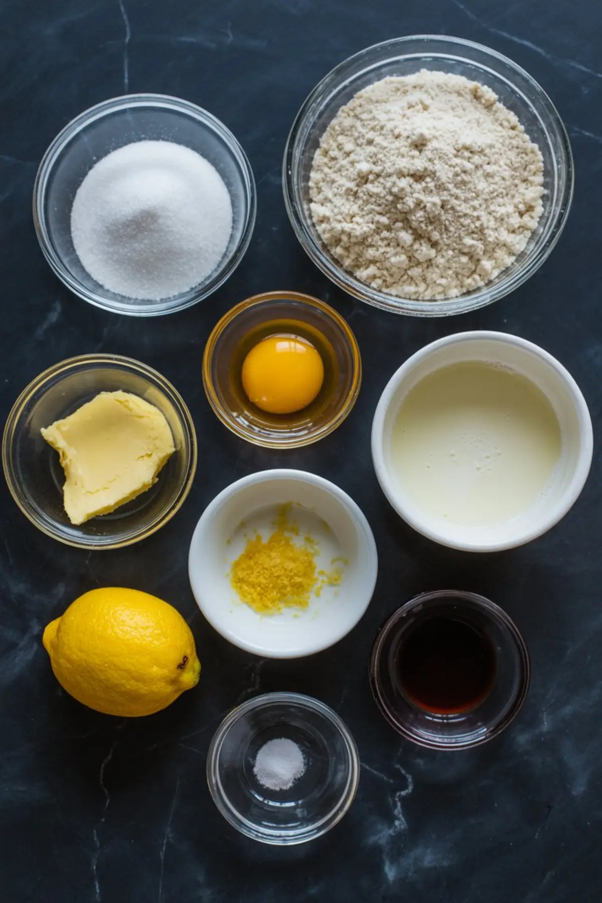 Flat lay of buttermilk pie ingredients in glass and ceramic bowls including sugar, flour, egg yolk, buttermilk, lemon zest, lemon, butter, vanilla extract, and salt on a black countertop.