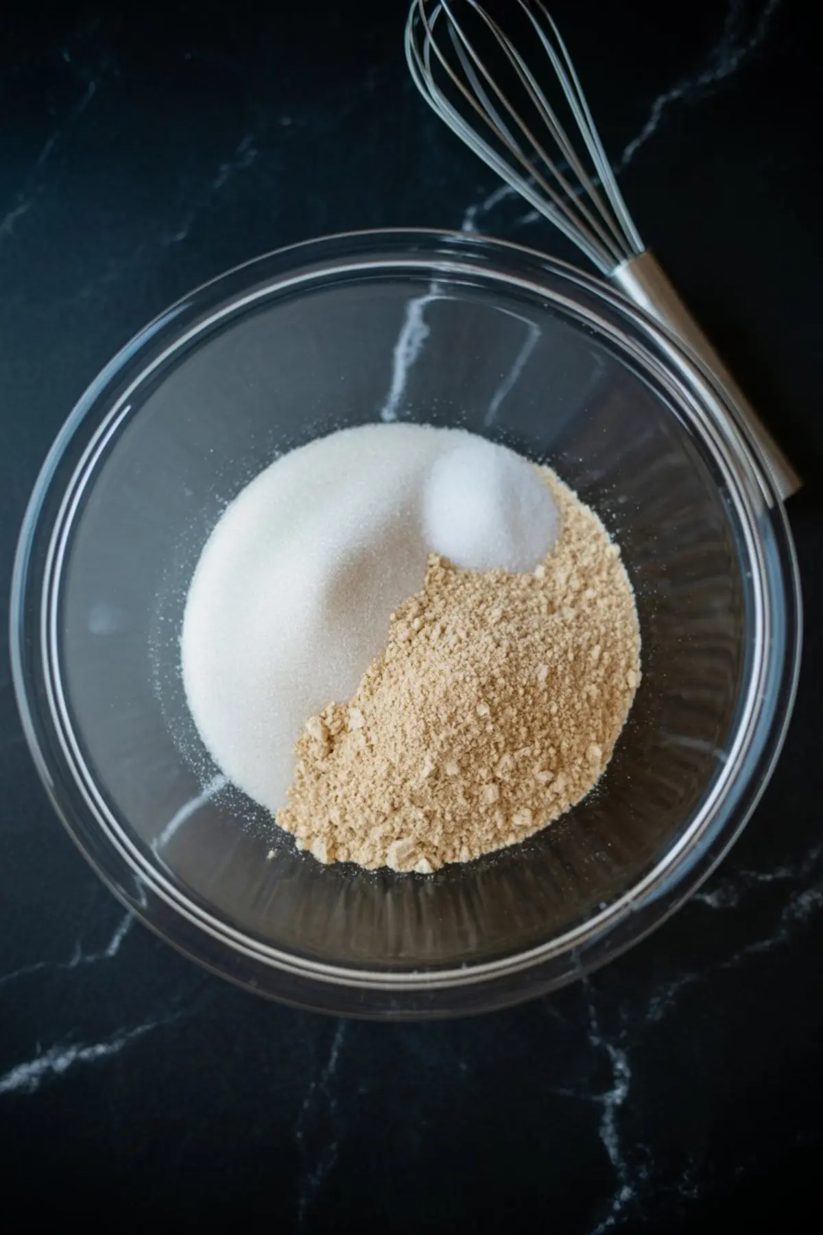 Glass mixing bowl with granulated sugar, salt, and fine graham cracker crumbs on a dark marble surface, beside a stainless steel whisk.