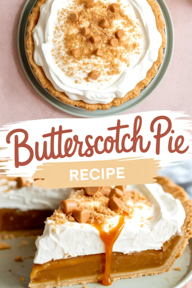 Collage showing a whole butterscotch pie topped with whipped cream and caramel chips, and a close-up of a pie slice with a thick layer of filling, whipped topping, and caramel sauce drizzle.