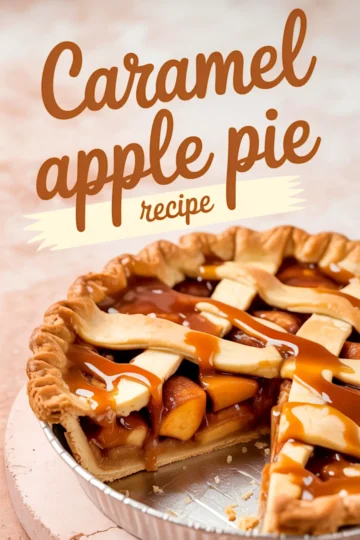 Baked caramel apple pie with a golden brown lattice crust, sliced to reveal caramel-glazed apple filling, with stylized text overlay that reads “Caramel apple pie recipe.”