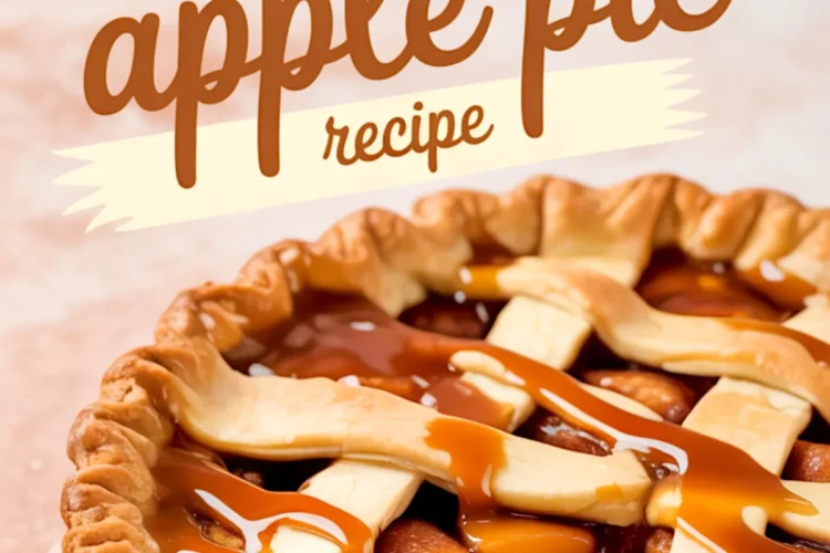 Baked caramel apple pie with a golden brown lattice crust, sliced to reveal caramel-glazed apple filling, with stylized text overlay that reads “Caramel apple pie recipe.”