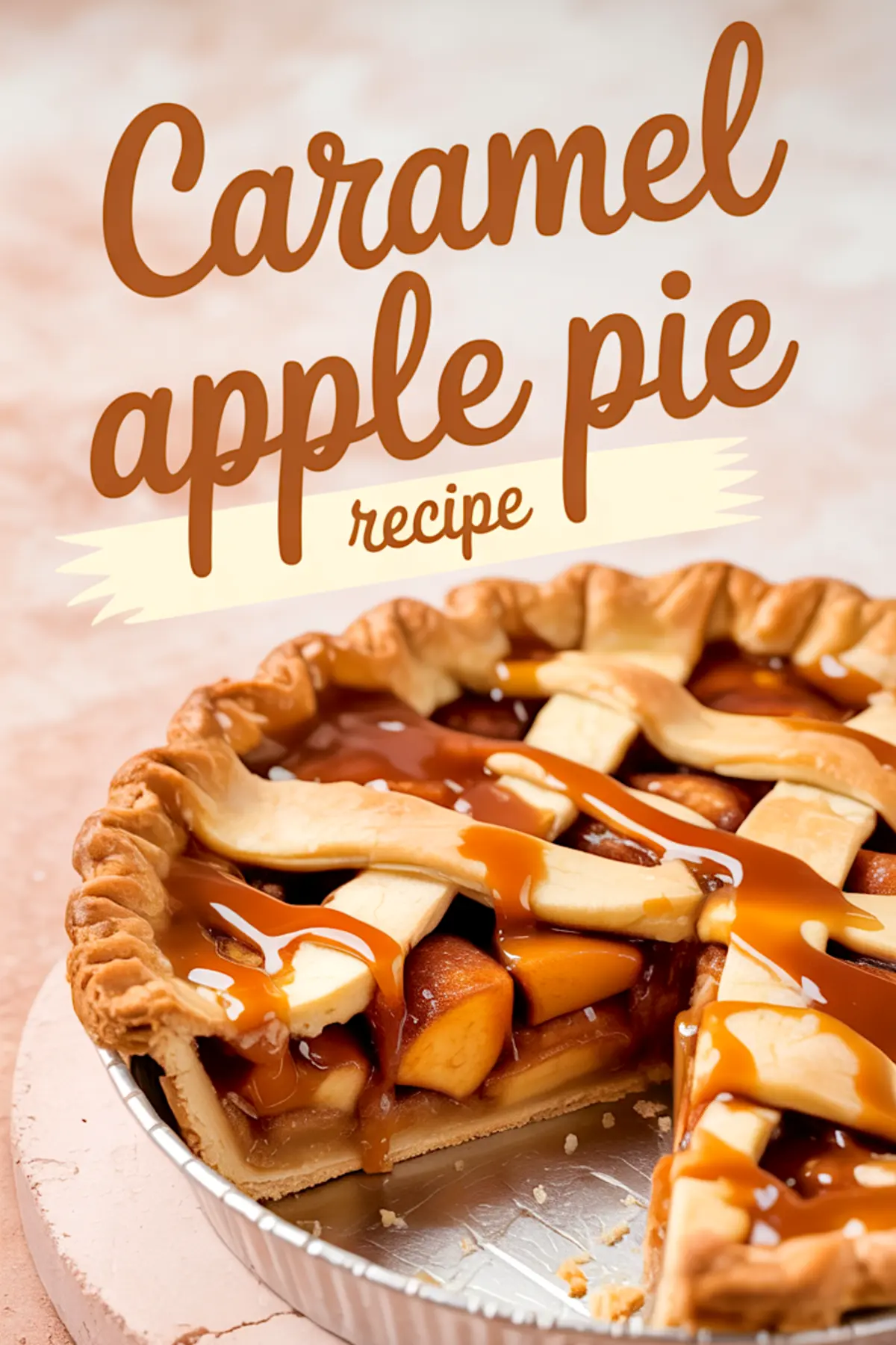 Baked caramel apple pie with a golden brown lattice crust, sliced to reveal caramel-glazed apple filling, with stylized text overlay that reads “Caramel apple pie recipe.”