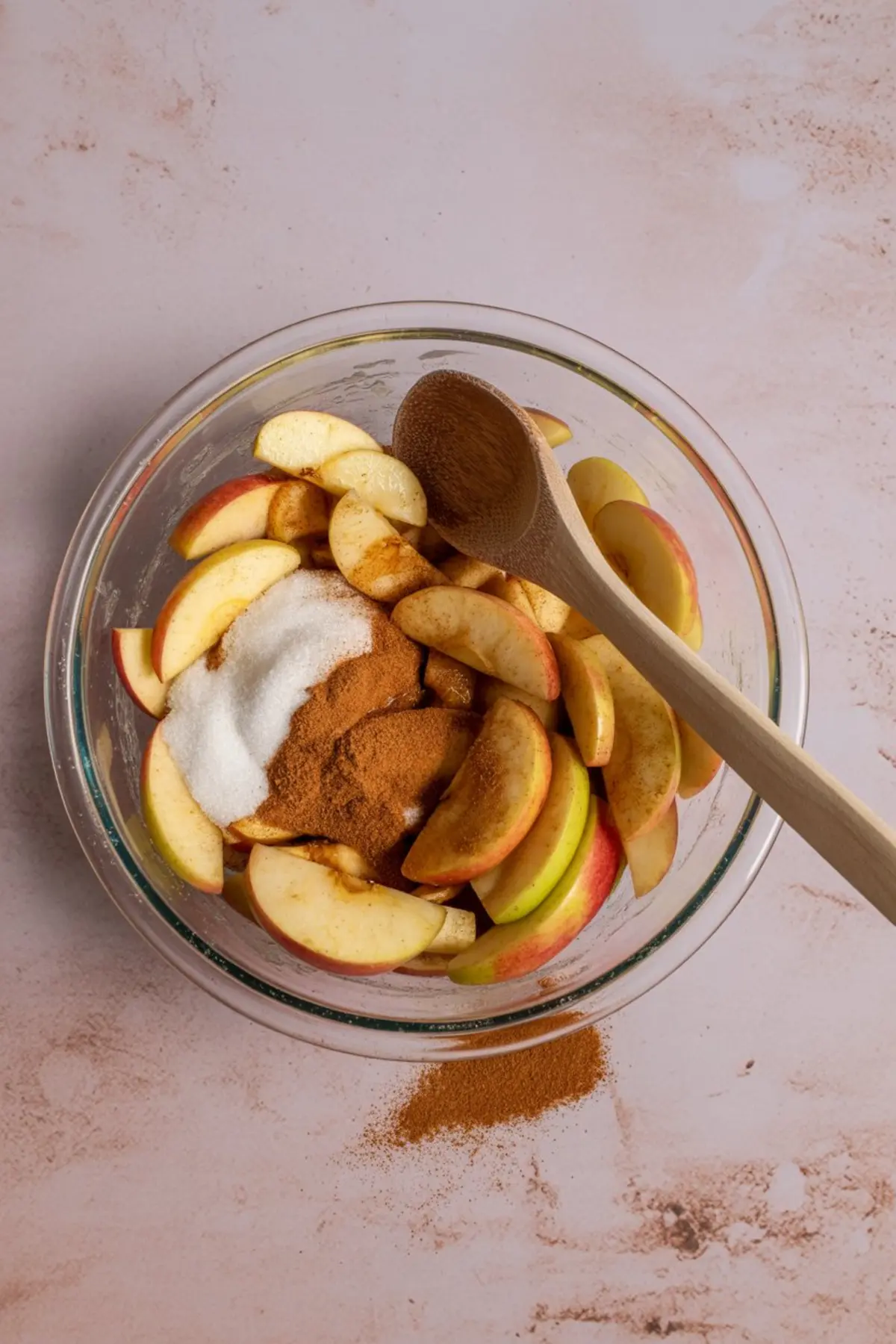 Glass bowl filled with sliced apples, white sugar, cinnamon, and nutmeg, with a wooden spoon resting on top and cinnamon spilled on the surface.
