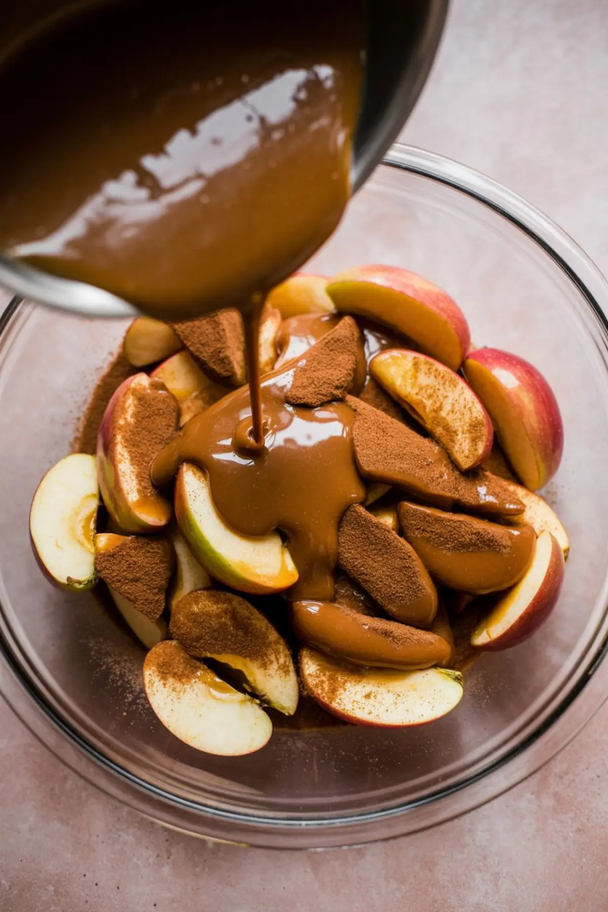 Caramel sauce being poured from a saucepan over cinnamon-coated apple slices in a glass mixing bowl, showing rich texture and fall baking ingredients.