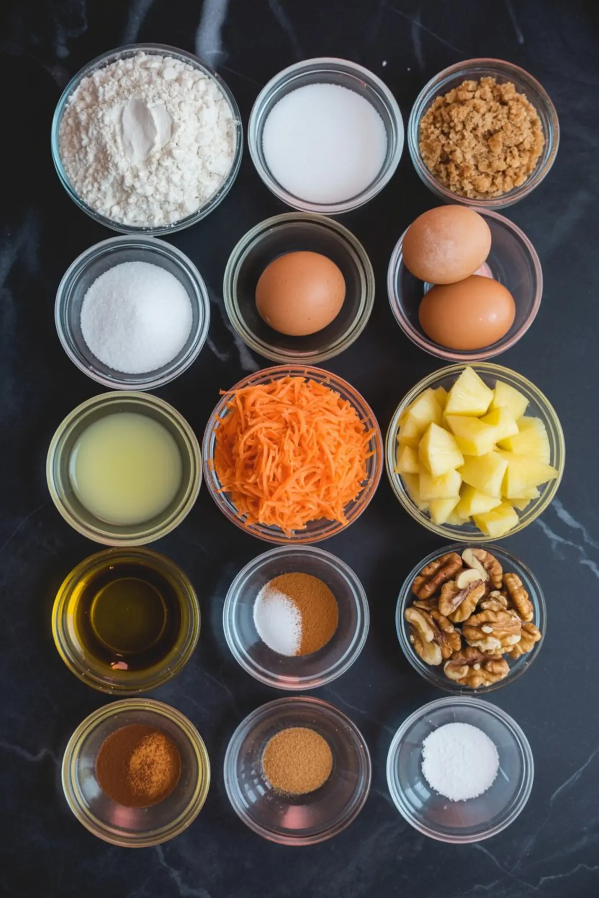 Flat lay of carrot cake cupcake ingredients arranged in small glass bowls on a black marble surface, including shredded carrots, flour, brown sugar, eggs, crushed pineapple, chopped walnuts, oil, and a mix of spices like cinnamon and nutmeg.