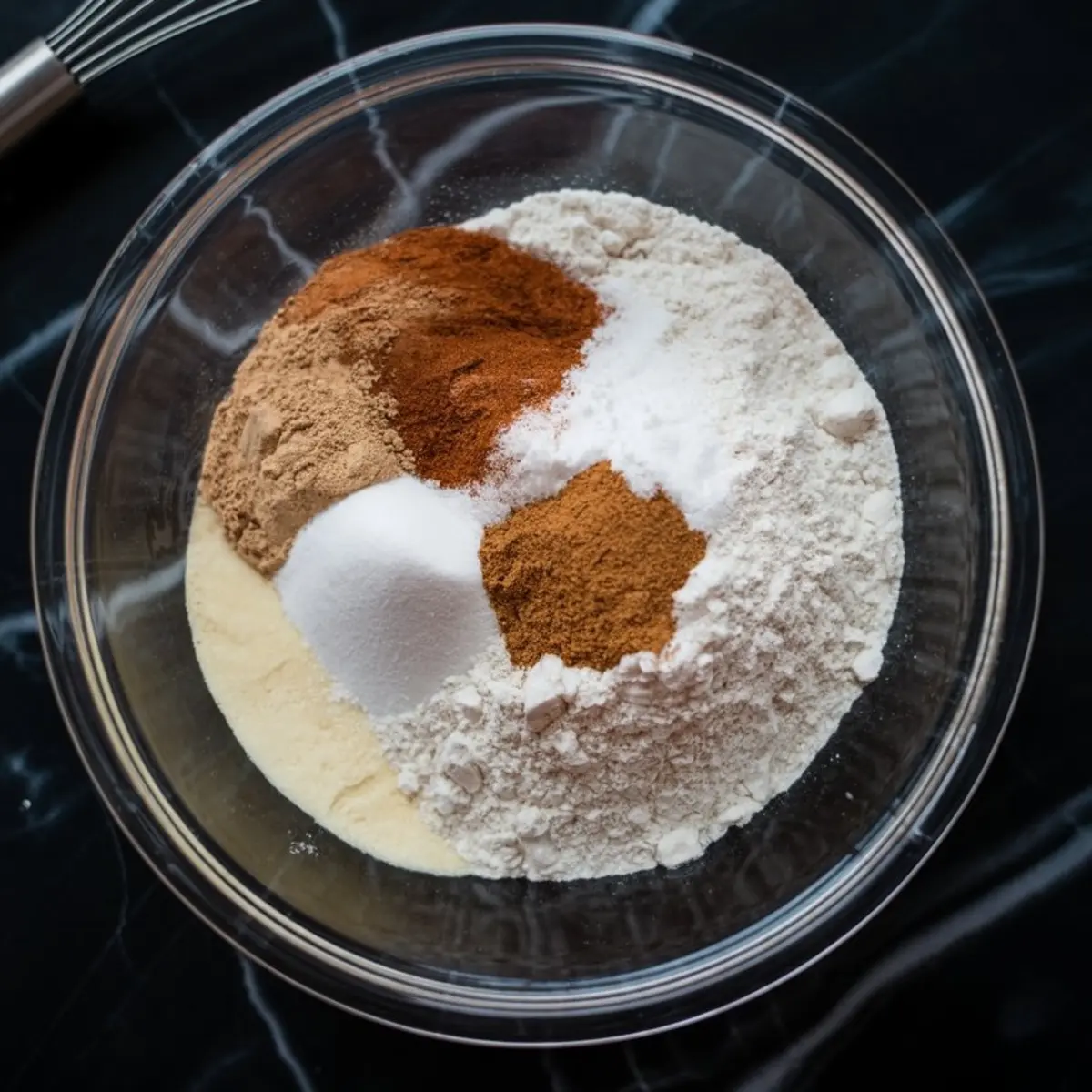 Overhead view of dry baking ingredients in a mixing bowl, featuring flour, baking soda, sugar, cinnamon, nutmeg, and ground ginger arranged in distinct piles on a dark marble surface.