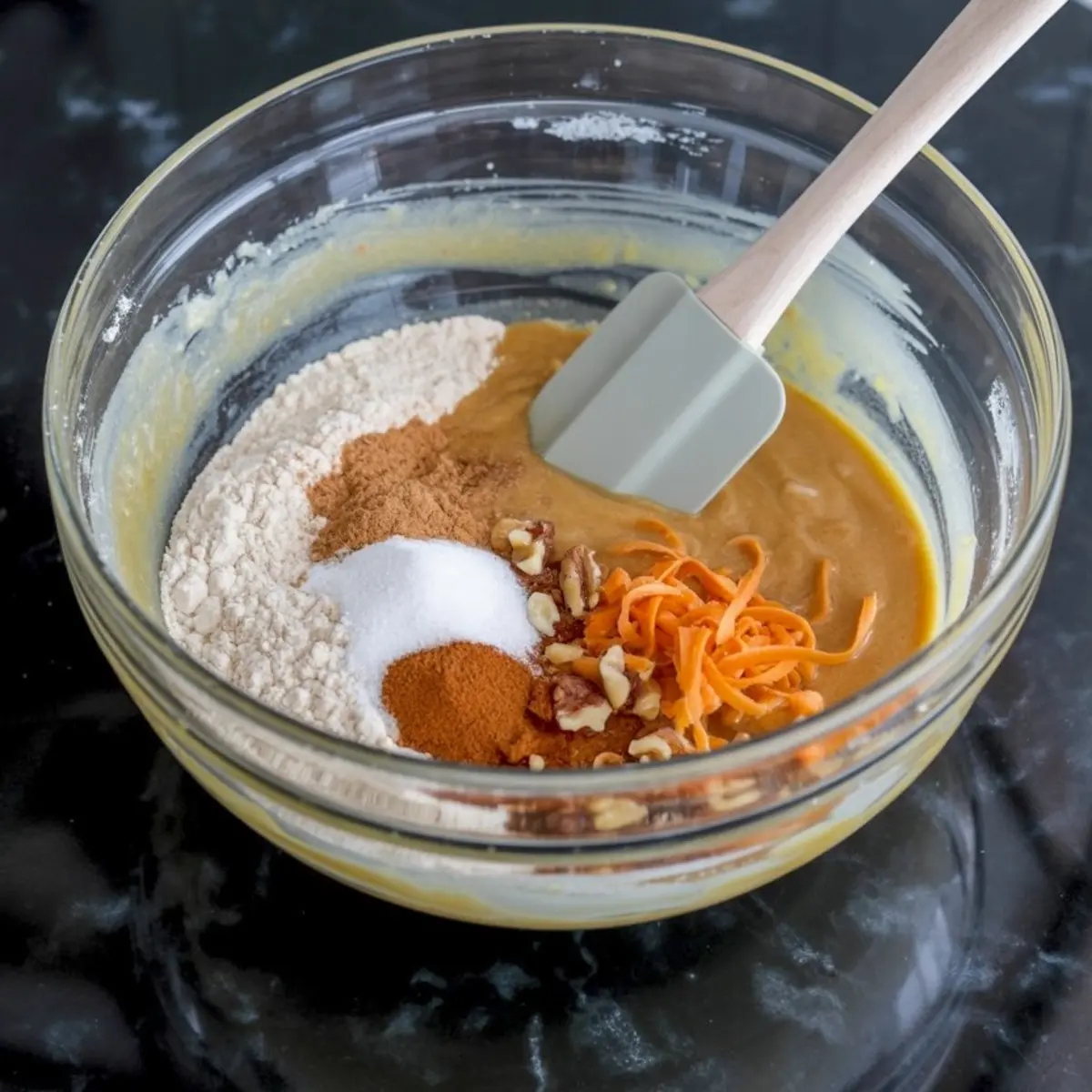 Mixing bowl with carrot cake batter in progress, showing flour, shredded carrots, chopped nuts, spices, and a wet mixture being combined with a silicone spatula on a black countertop.