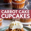 Collage image featuring frosted carrot cake cupcakes with creamy swirls of frosting on top, and a bitten cupcake revealing a moist, spiced interior on a teal plate, labeled with “Carrot Cake Cupcakes” in bold white text on a maroon background.