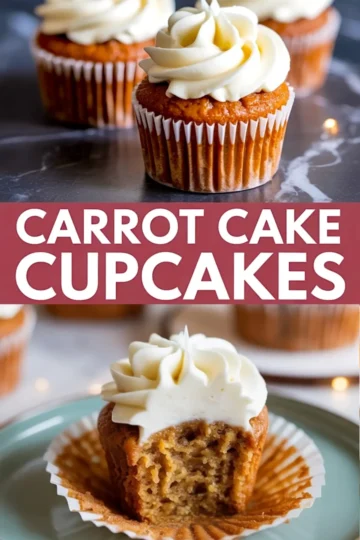 Collage image featuring frosted carrot cake cupcakes with creamy swirls of frosting on top, and a bitten cupcake revealing a moist, spiced interior on a teal plate, labeled with “Carrot Cake Cupcakes” in bold white text on a maroon background.