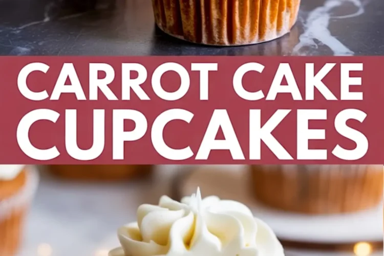 Collage image featuring frosted carrot cake cupcakes with creamy swirls of frosting on top, and a bitten cupcake revealing a moist, spiced interior on a teal plate, labeled with “Carrot Cake Cupcakes” in bold white text on a maroon background.
