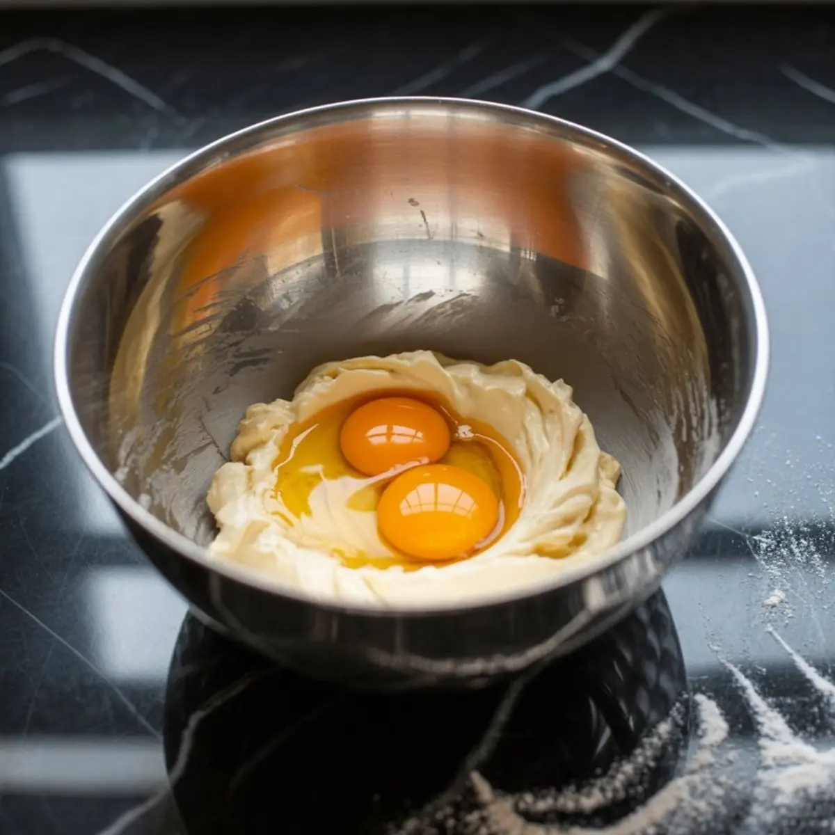Stainless steel mixing bowl with thick creamy batter and two raw eggs cracked on top, resting on a black marble countertop dusted with flour.