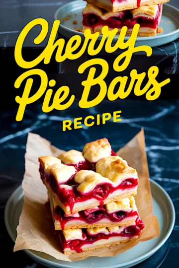 Cherry pie bars collage with a bold recipe title and a parchment-lined plate holding stacked bars filled with vibrant cherry filling and flaky crust layers.