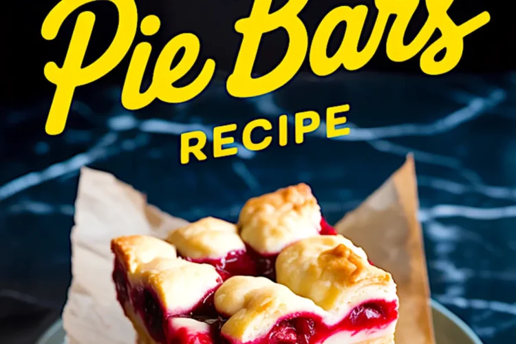Cherry pie bars collage with a bold recipe title and a parchment-lined plate holding stacked bars filled with vibrant cherry filling and flaky crust layers.