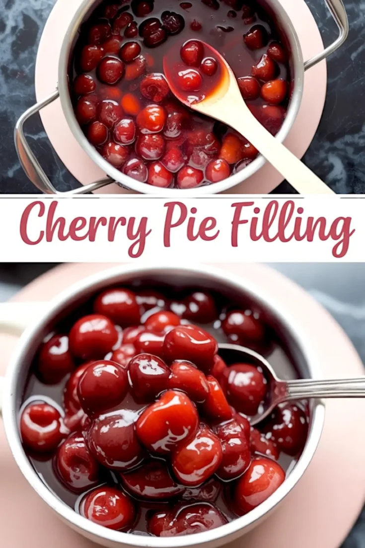 Collage image featuring top and close-up views of cherry pie filling in a pot and a spoon lifting thick, glossy cherries, labeled with “Cherry Pie Filling” in script text.