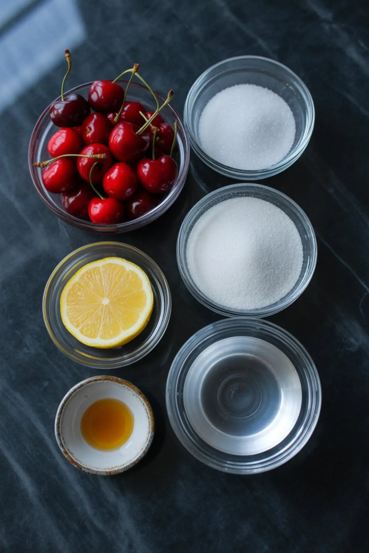 Collage image showing a top and close-up view of cherry pie filling in a saucepan with a wooden spoon and a spoonful of glossy cherries held above the pot, with bold text reading “Cherry Pie Filling Recipe.”
