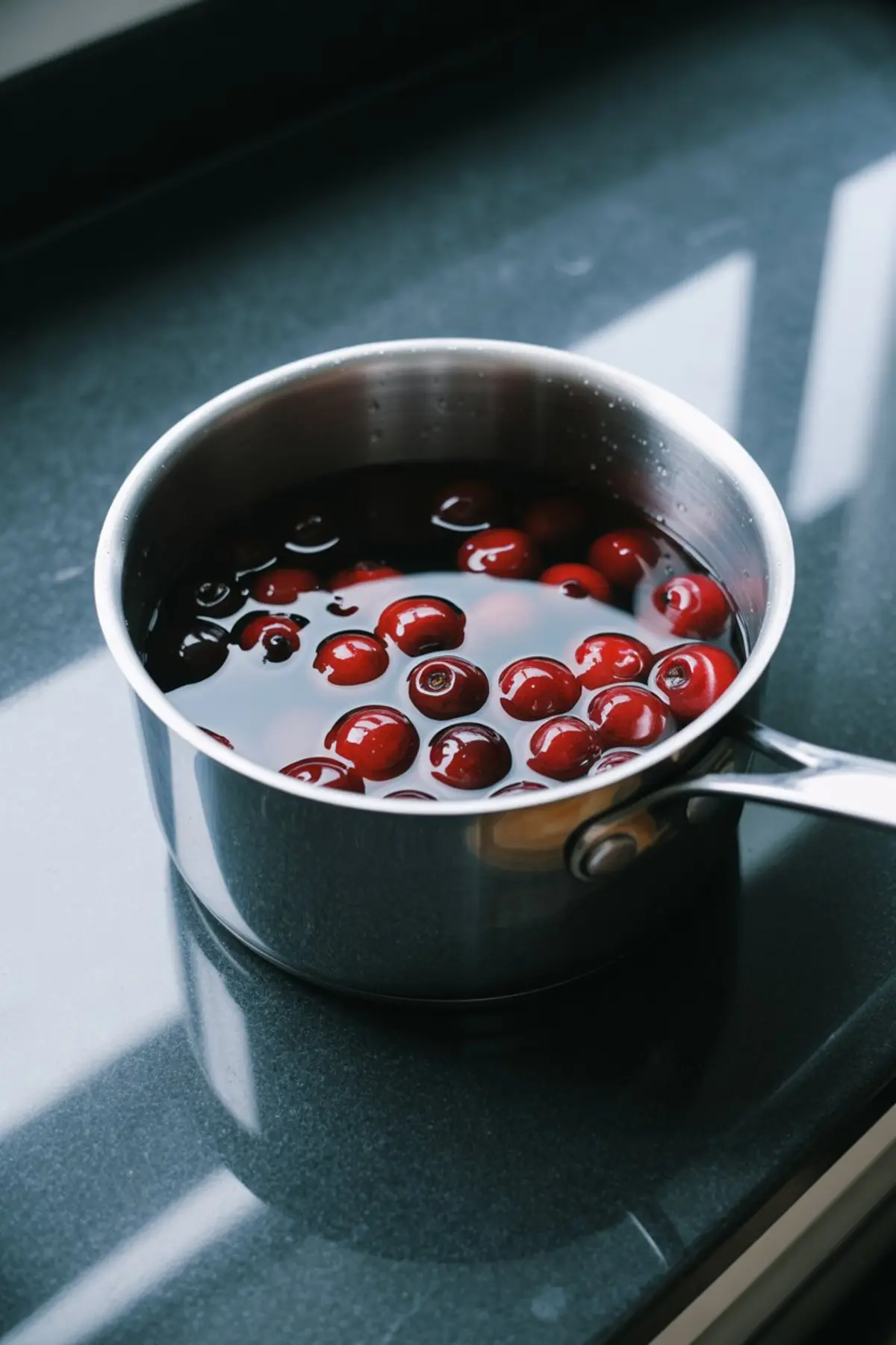 Stainless steel saucepan on a dark countertop filled with whole cherries submerged in water, ready for boiling in a cherry dessert preparation.