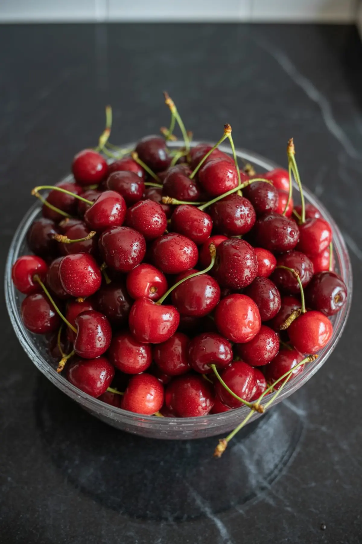 Clear glass bowl brimming with fresh red cherries with stems, glistening with moisture on a black marble surface.
