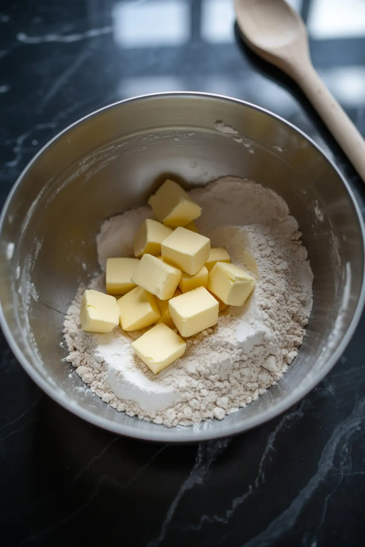 Cubed butter and all-purpose flour in a metal mixing bowl, shown before blending to make a flaky crust for a cherry pie.