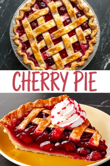 Collage showing a baked cherry pie with a golden lattice crust in a foil pie dish, and a slice topped with whipped cream and cherry drizzle on a yellow plate.