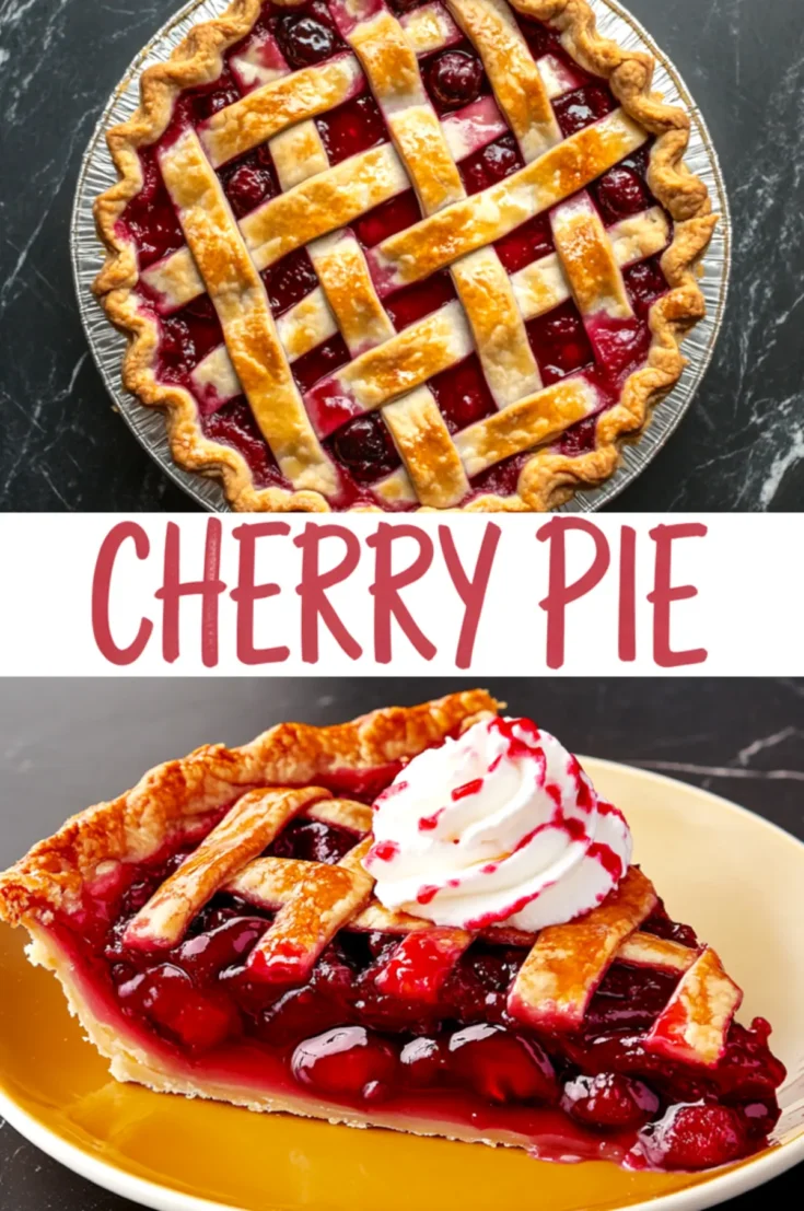 Collage showing a baked cherry pie with a golden lattice crust in a foil pie dish, and a slice topped with whipped cream and cherry drizzle on a yellow plate.